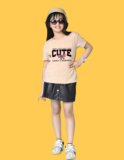 Nusyl Girls Beige Lovely & adorable Text Printed  Short sleeve Cotton Blend Oversized T-shirts