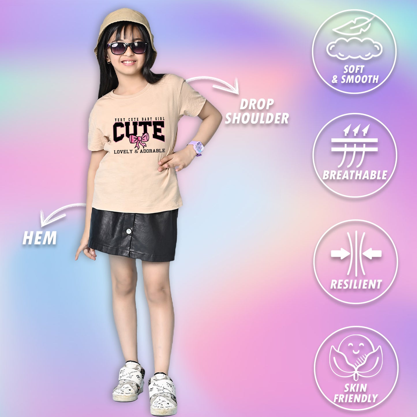 Nusyl Girls Beige Lovely & adorable Text Printed  Short sleeve Cotton Blend Oversized T-shirts