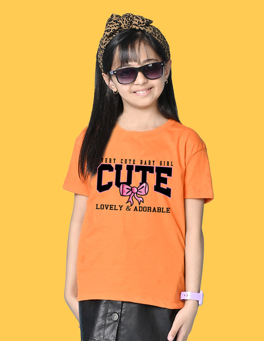 Nusyl Girls Orange Lovely & adorable Text Printed  Short sleeve Cotton Blend Oversized T-shirts