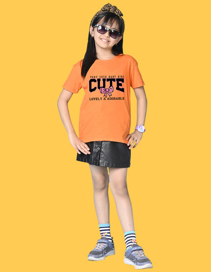 Nusyl Girls Orange Lovely & adorable Text Printed  Short sleeve Cotton Blend Oversized T-shirts
