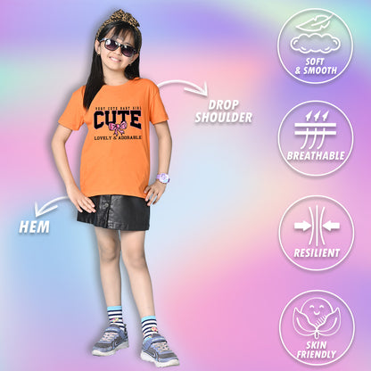 Nusyl Girls Orange Lovely & adorable Text Printed  Short sleeve Cotton Blend Oversized T-shirts