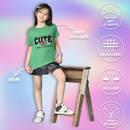 Nusyl Girls Green Lovely & adorable Text Printed  Short sleeve Cotton Blend Oversized T-shirts
