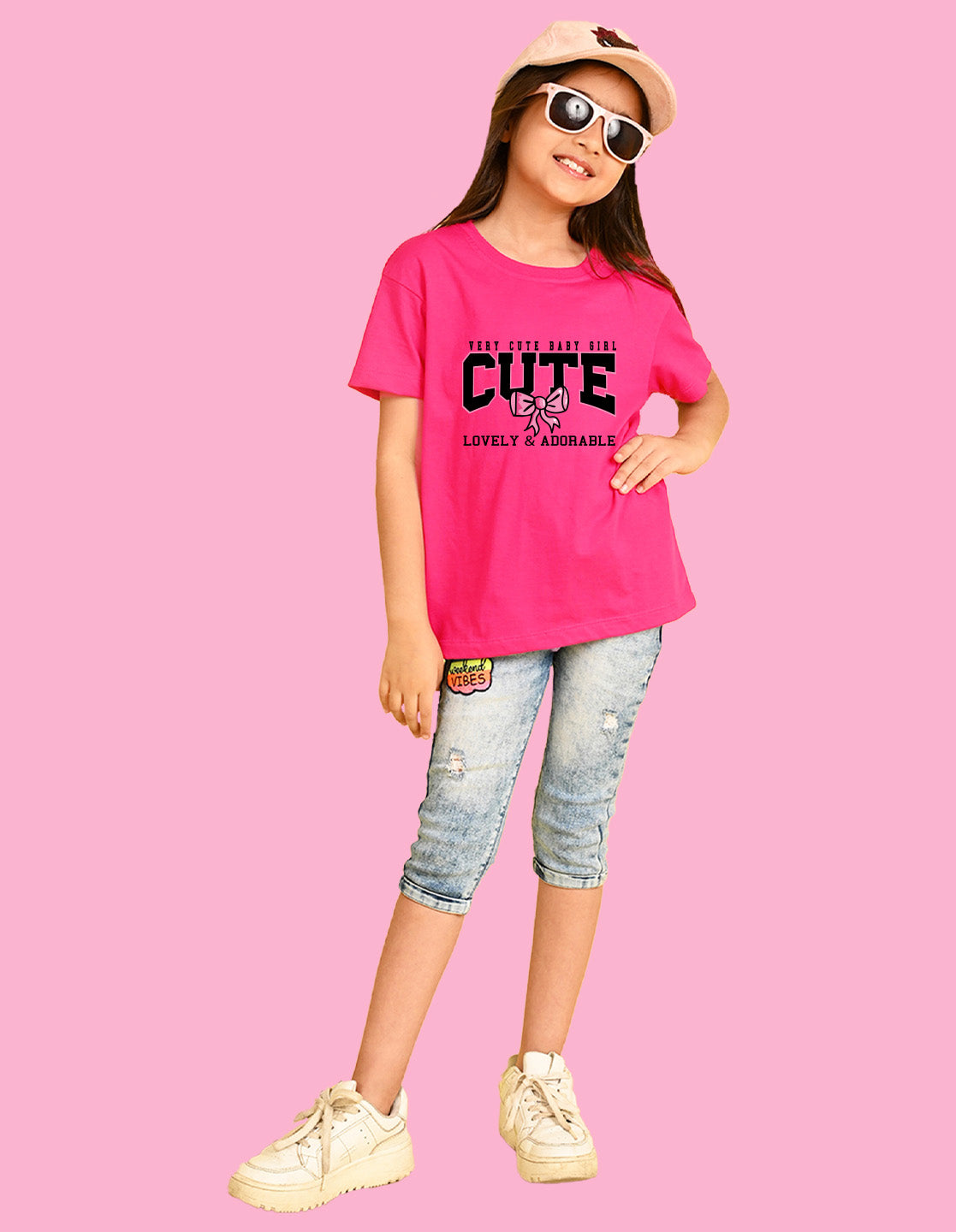 Nusyl Girls Hot Pink Lovely & adorable Text Printed  Short sleeve Cotton Blend Oversized T-shirts