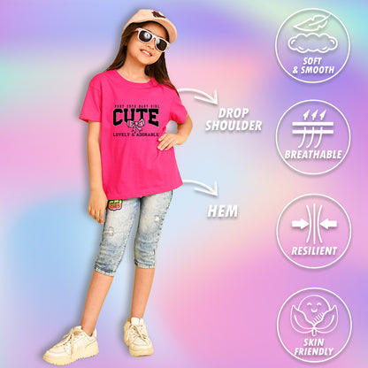 Nusyl Girls Hot Pink Lovely & adorable Text Printed  Short sleeve Cotton Blend Oversized T-shirts