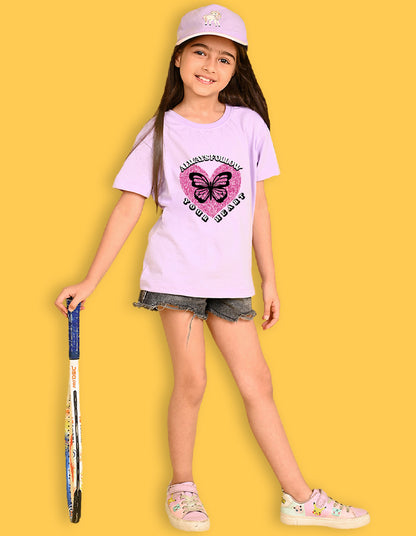 Nusyl Girls Lilac Always Follow Your Heart Text Printed  Short sleeve  Oversized T-shirts