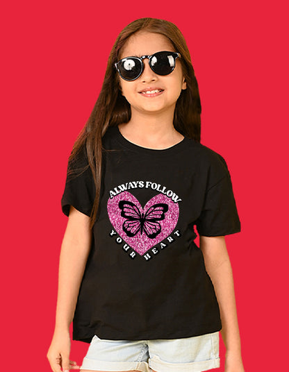 Nusyl Girls Black Always Follow Your Heart Text Printed  Short sleeve  Oversized T-shirts