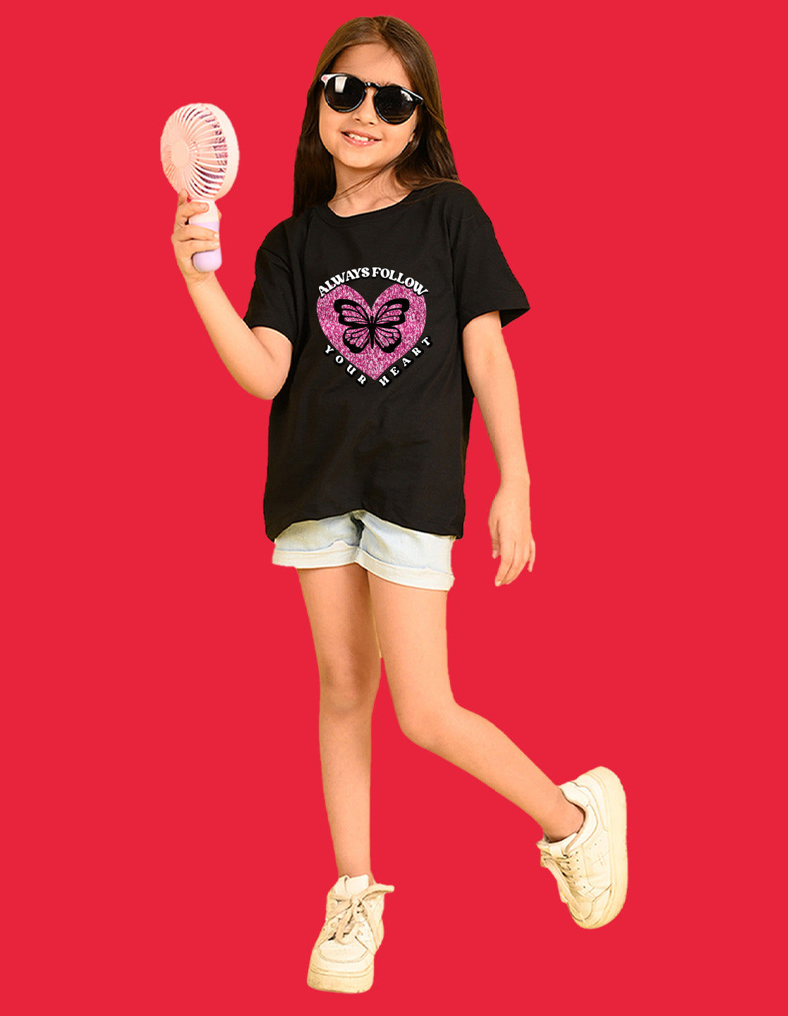 Nusyl Girls Black Always Follow Your Heart Text Printed  Short sleeve  Oversized T-shirts