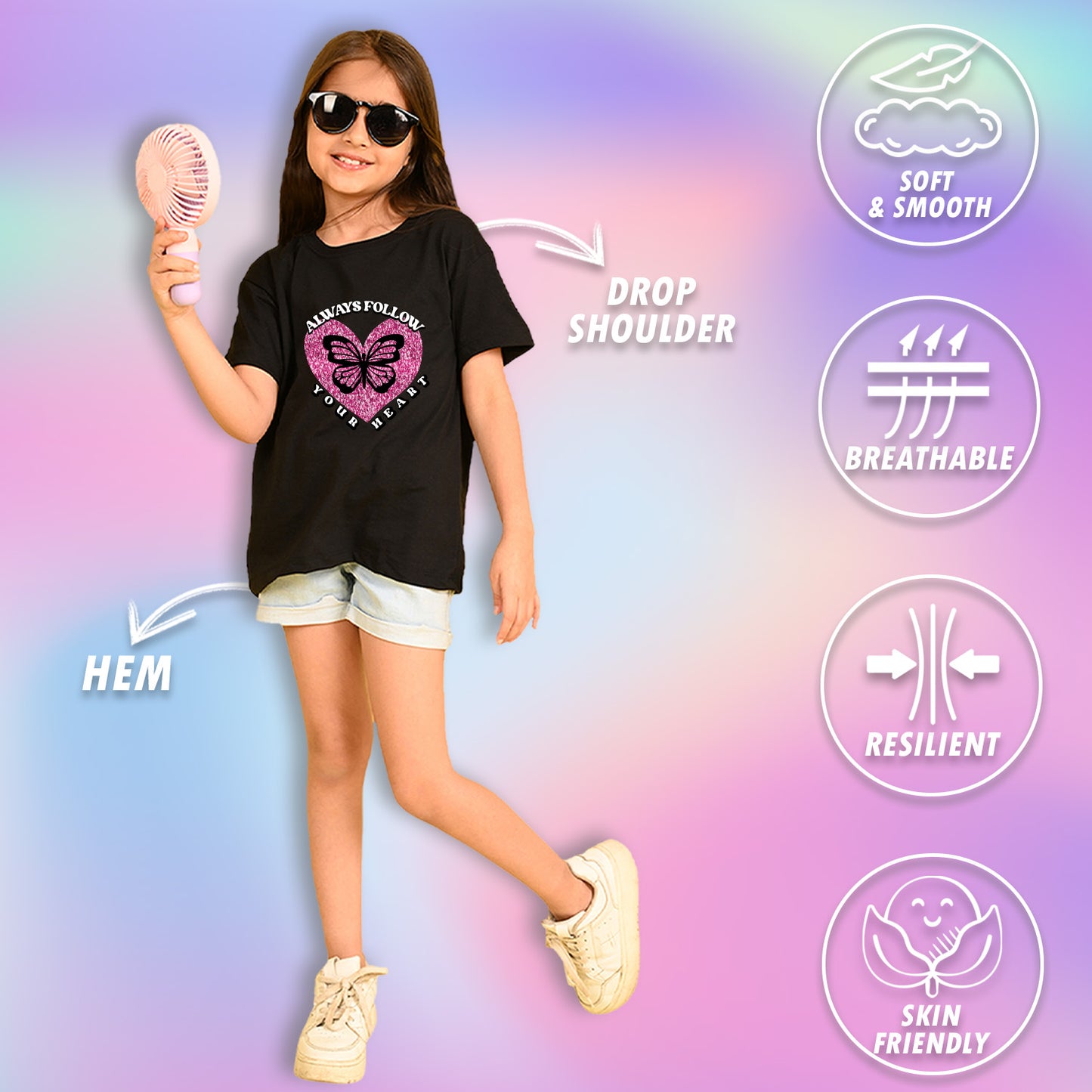 Nusyl Girls Black Always Follow Your Heart Text Printed  Short sleeve  Oversized T-shirts