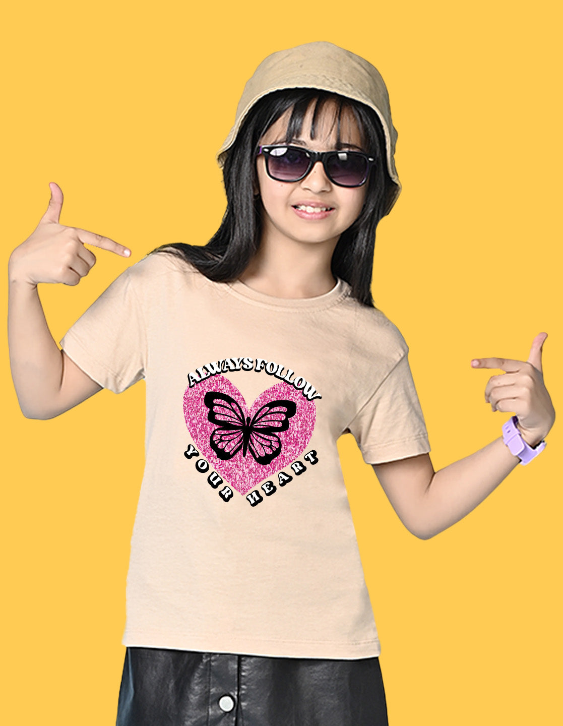 Nusyl Girls Beige Always Follow Your Heart Text Printed  Short sleeve  Oversized T-shirts