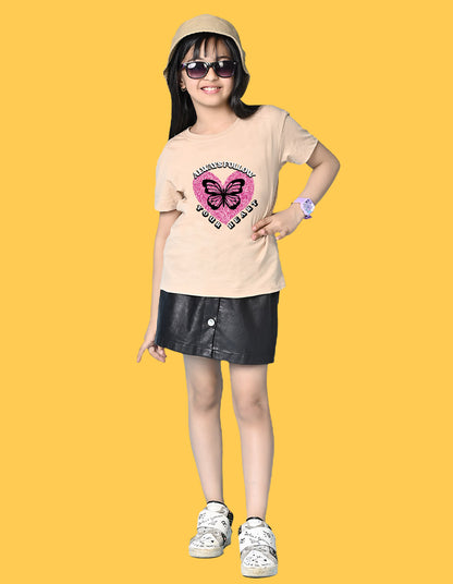 Nusyl Girls Beige Always Follow Your Heart Text Printed  Short sleeve  Oversized T-shirts