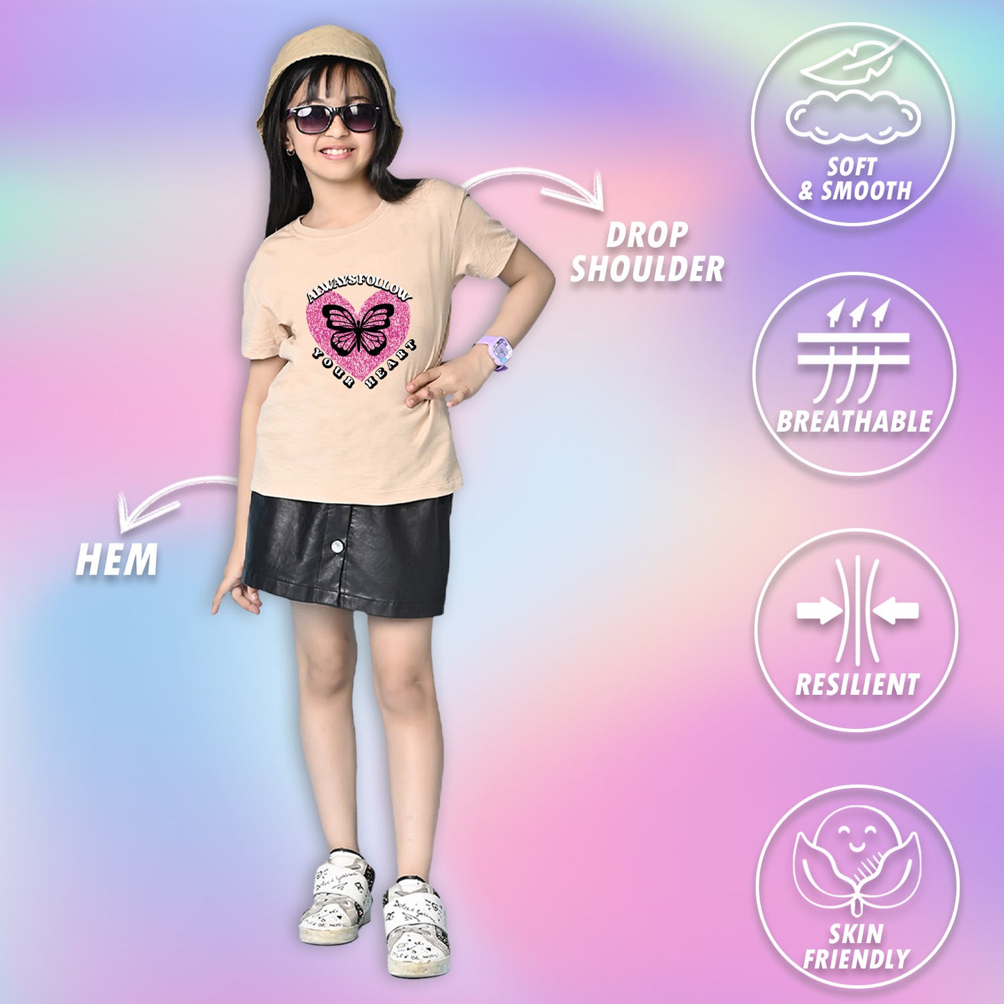 Nusyl Girls Beige Always Follow Your Heart Text Printed  Short sleeve  Oversized T-shirts