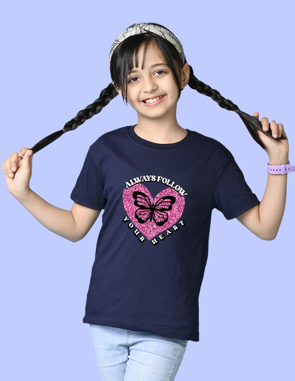 Nusyl Girls Navy Blue Always Follow Your Heart Text Printed  Short sleeve  Oversized T-shirts