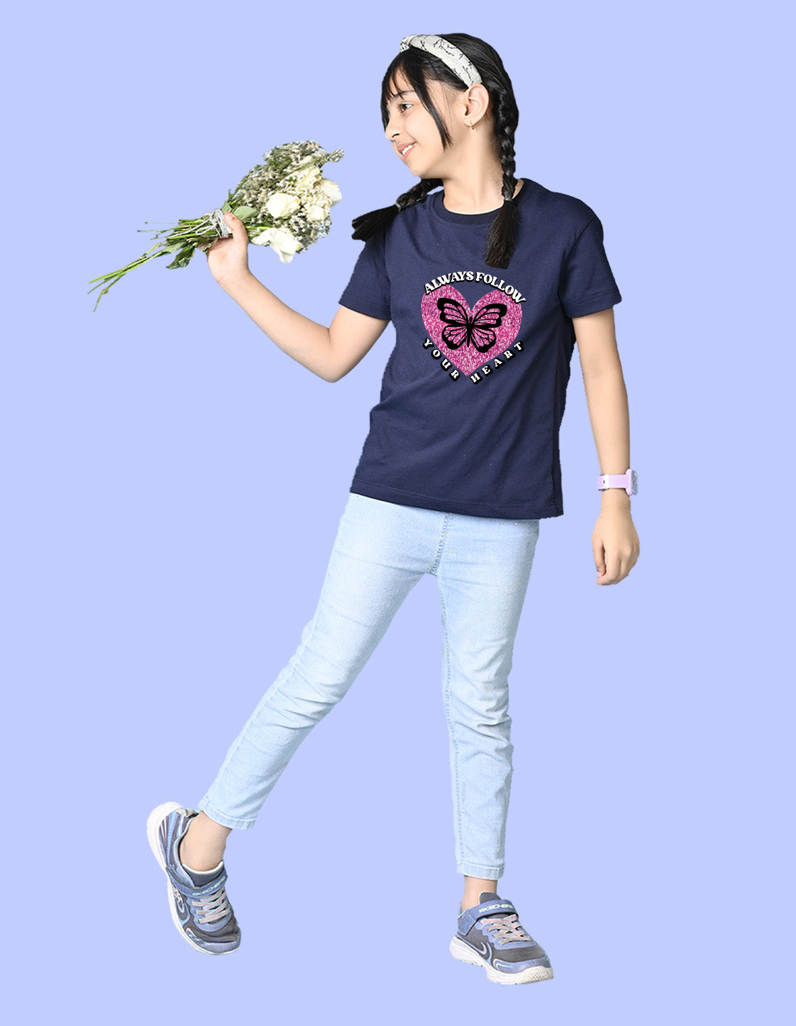 Nusyl Girls Navy Blue Always Follow Your Heart Text Printed  Short sleeve  Oversized T-shirts