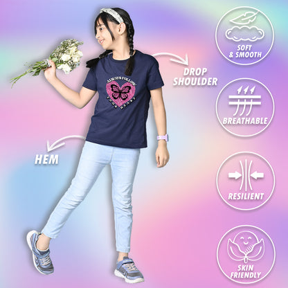Nusyl Girls Navy Blue Always Follow Your Heart Text Printed  Short sleeve  Oversized T-shirts