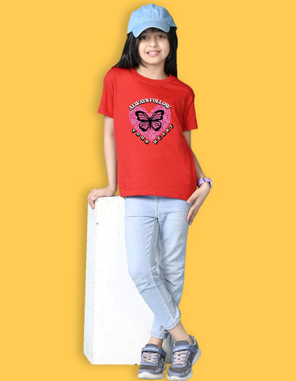 Nusyl Girls Red Always Follow Your Heart Text Printed  Short sleeve  Oversized T-shirts