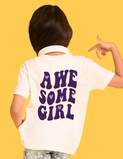 Nusyl Girls White Awesome Girl Text Printed  Short sleeve Cotton Blend Oversized T-shirts