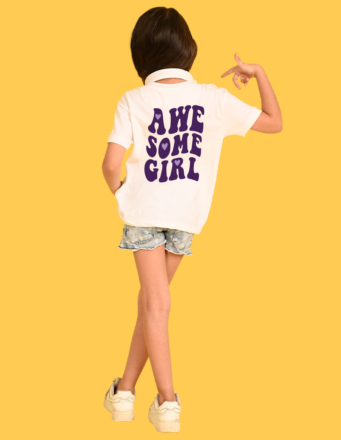 Nusyl Girls White Awesome Girl Text Printed  Short sleeve Cotton Blend Oversized T-shirts