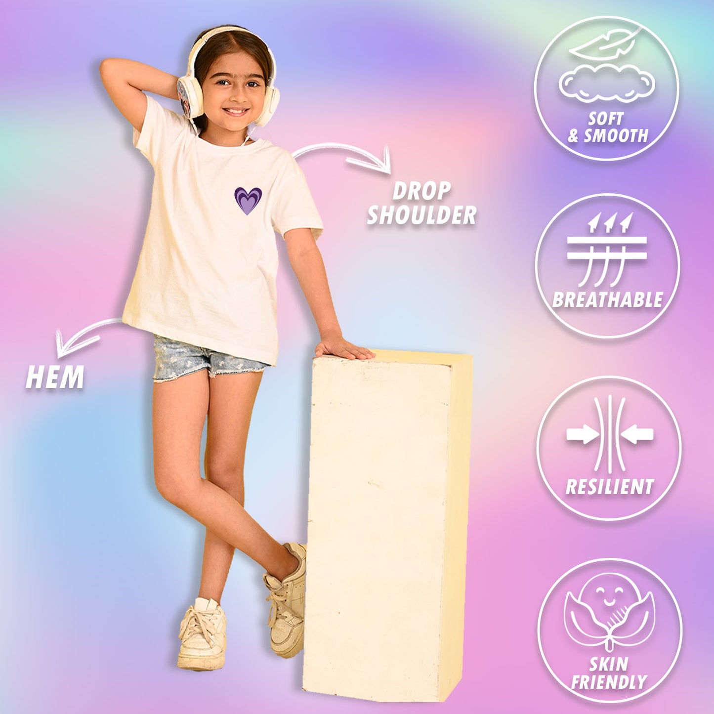 Nusyl Girls White Awesome Girl Text Printed  Short sleeve Cotton Blend Oversized T-shirts