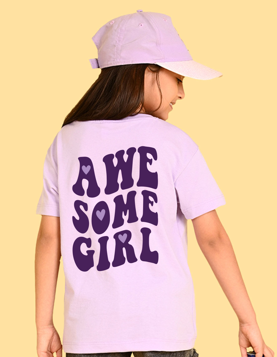Nusyl Girls Lilac Awesome Girl Text Printed  Short sleeve Cotton Blend Oversized T-shirts