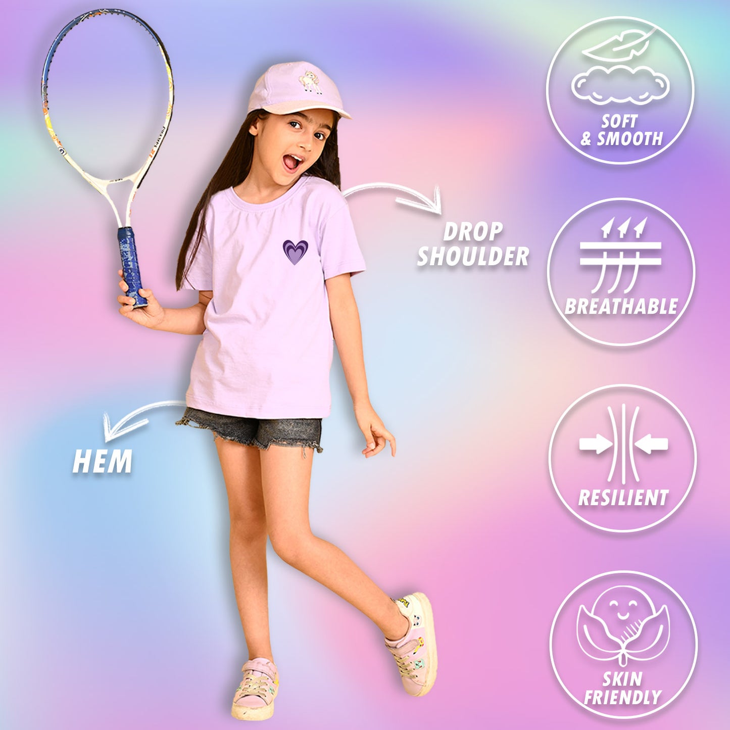 Nusyl Girls Lilac Awesome Girl Text Printed  Short sleeve Cotton Blend Oversized T-shirts