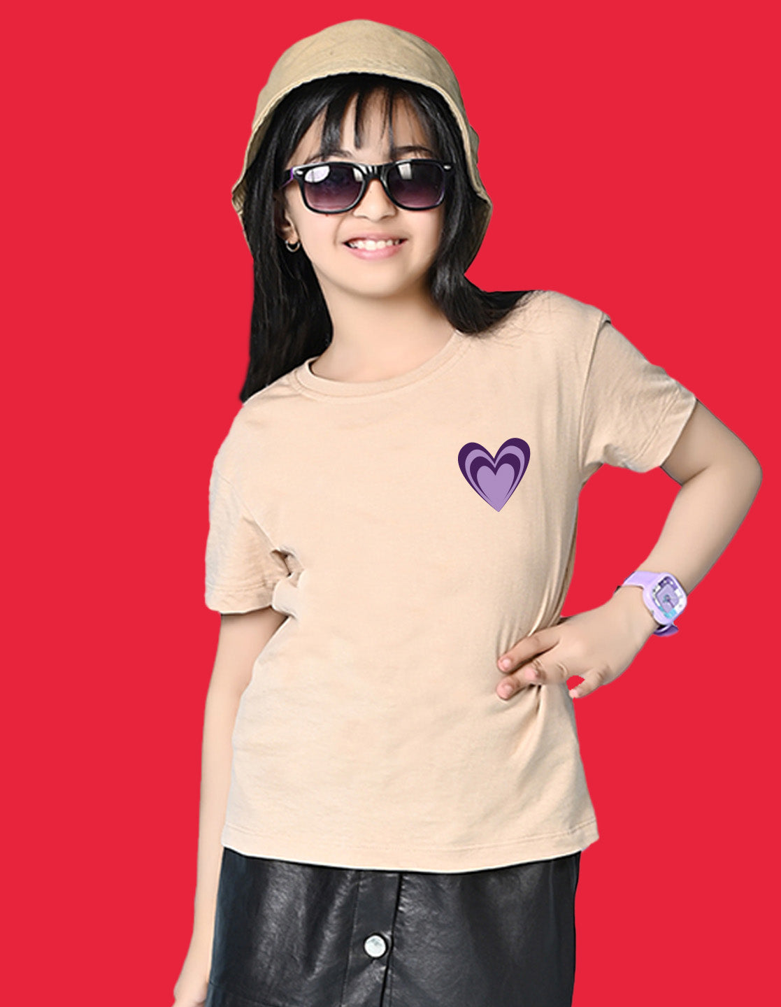 Nusyl Girls Beige Awesome Girl Text Printed  Short sleeve Cotton Blend Oversized T-shirts