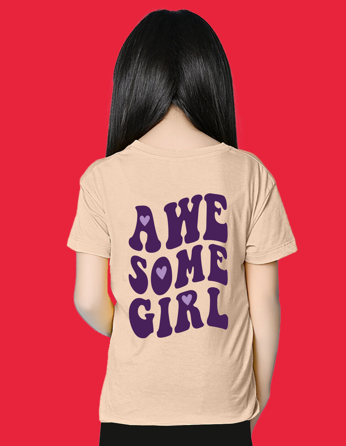 Nusyl Girls Beige Awesome Girl Text Printed  Short sleeve Cotton Blend Oversized T-shirts