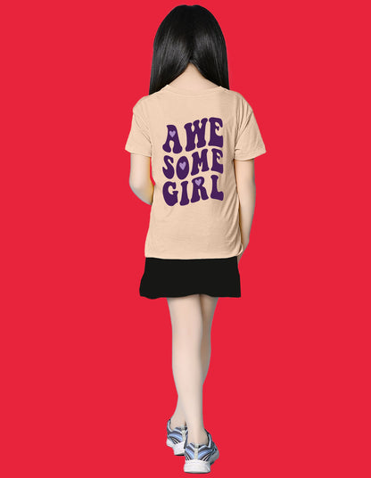 Nusyl Girls Beige Awesome Girl Text Printed  Short sleeve Cotton Blend Oversized T-shirts
