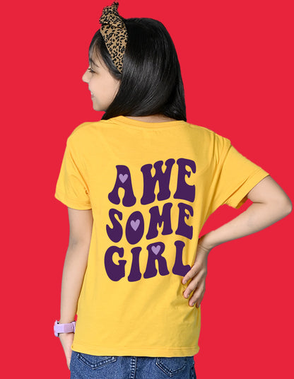 Nusyl Girls Yellow Awesome Girl Text Printed  Short sleeve Cotton Blend Oversized T-shirts