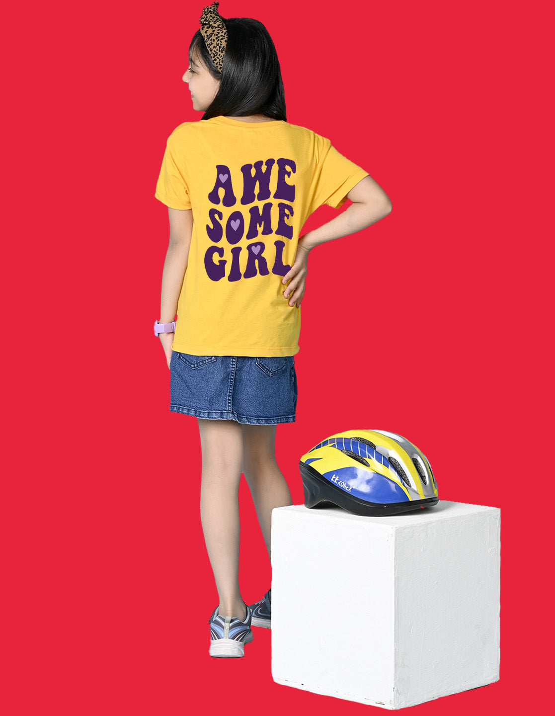 Nusyl Girls Yellow Awesome Girl Text Printed  Short sleeve Cotton Blend Oversized T-shirts