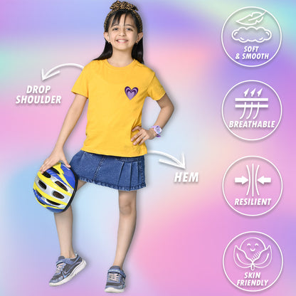 Nusyl Girls Yellow Awesome Girl Text Printed  Short sleeve Cotton Blend Oversized T-shirts