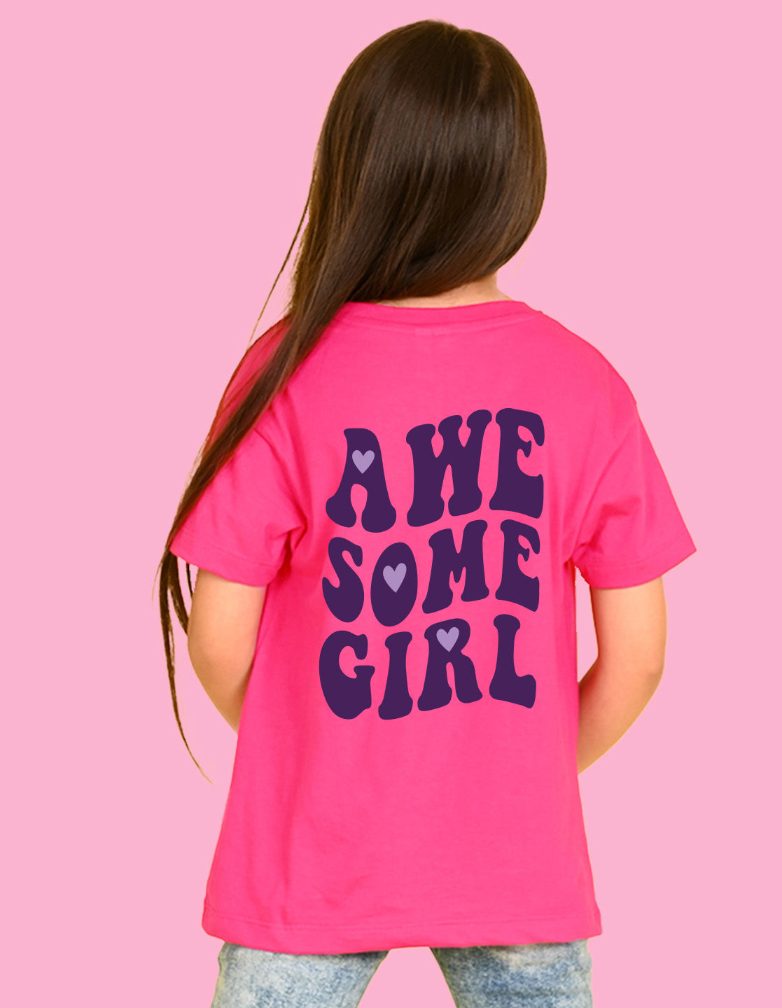 Nusyl Girls Hot Pink Awesome Girl Text Printed  Short sleeve Cotton Blend Oversized T-shirts