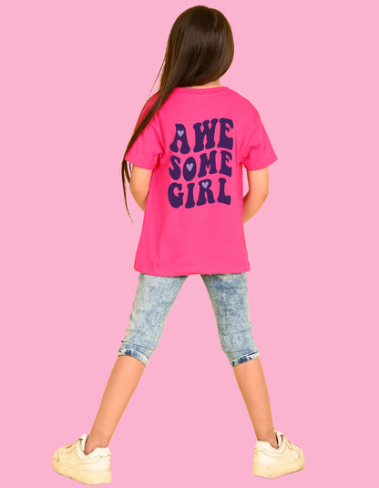 Nusyl Girls Hot Pink Awesome Girl Text Printed  Short sleeve Cotton Blend Oversized T-shirts