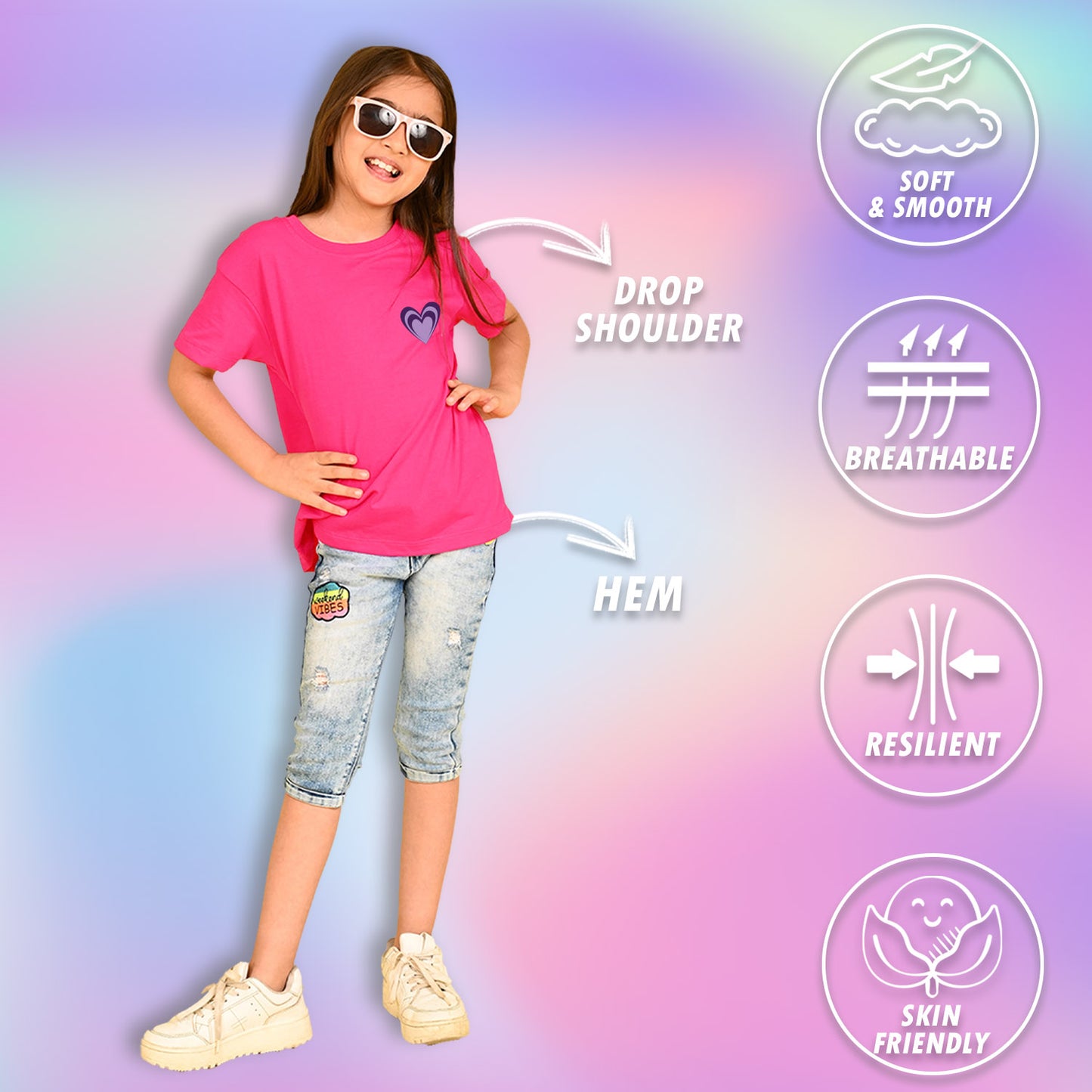 Nusyl Girls Hot Pink Awesome Girl Text Printed  Short sleeve Cotton Blend Oversized T-shirts