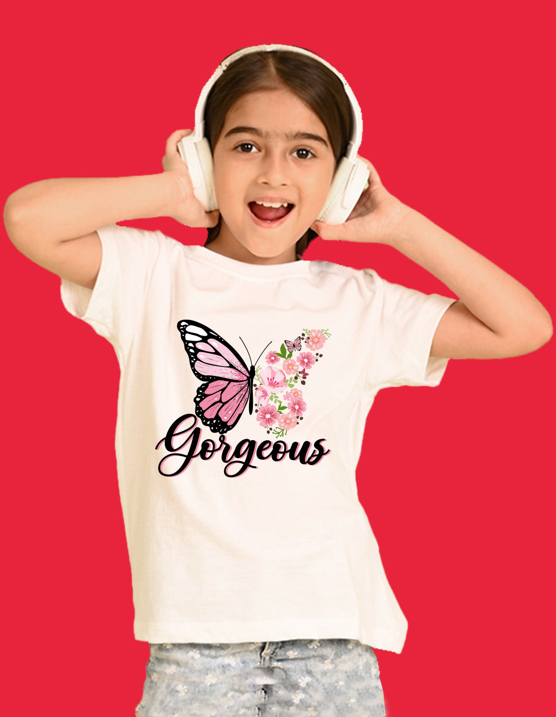 Nusyl Girls White Butterfly & Gorgeous Text Printed  Short sleeve Cotton Blend Oversized T-shirts