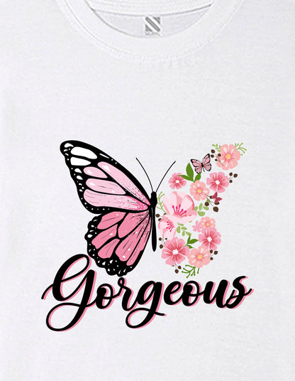 Nusyl Girls White Butterfly & Gorgeous Text Printed  Short sleeve Cotton Blend Oversized T-shirts