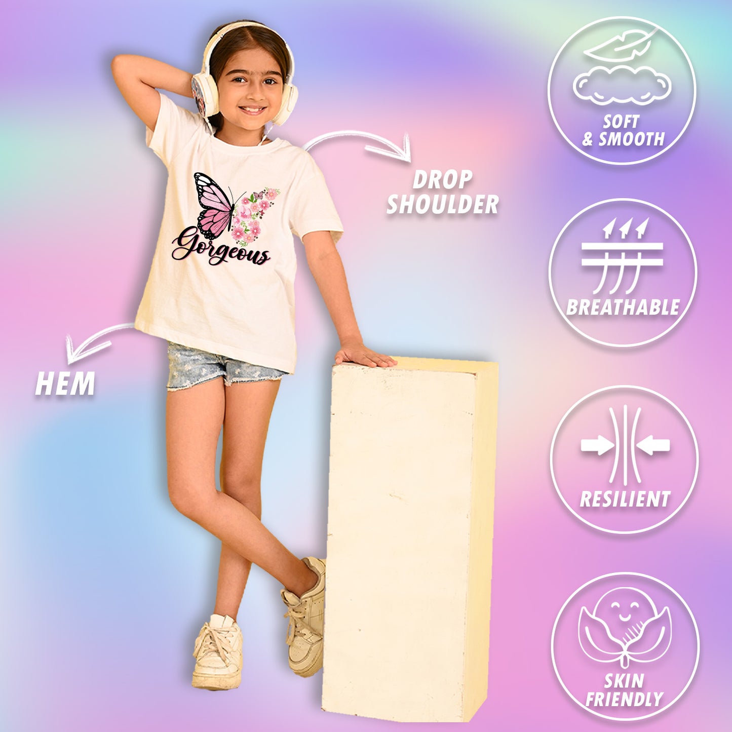 Nusyl Girls White Butterfly & Gorgeous Text Printed  Short sleeve Cotton Blend Oversized T-shirts