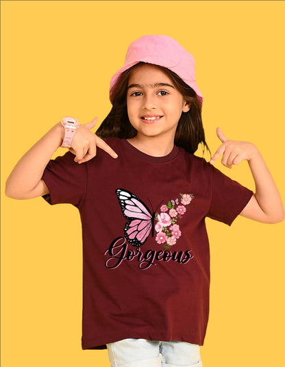 Nusyl Girls Wine Butterfly & Gorgeous Text Printed  Short sleeve Cotton Blend Oversized T-shirts