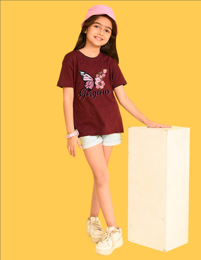 Nusyl Girls Wine Butterfly & Gorgeous Text Printed  Short sleeve Cotton Blend Oversized T-shirts