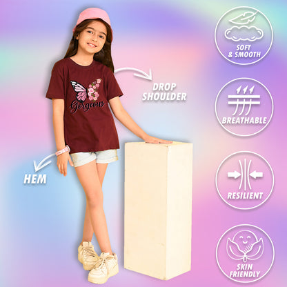Nusyl Girls Wine Butterfly & Gorgeous Text Printed  Short sleeve Cotton Blend Oversized T-shirts