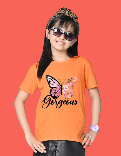 Nusyl Girls Orange Butterfly & Gorgeous Text Printed  Short sleeve Cotton Blend Oversized T-shirts