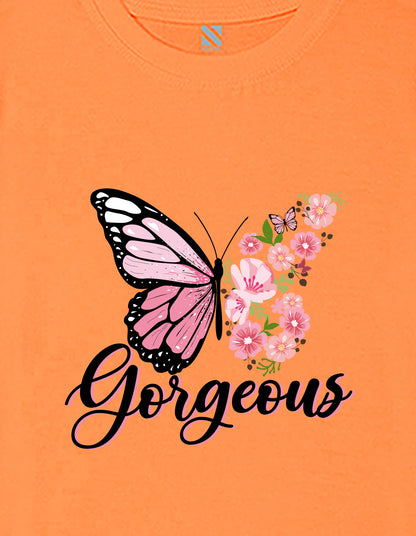 Nusyl Girls Orange Butterfly & Gorgeous Text Printed  Short sleeve Cotton Blend Oversized T-shirts