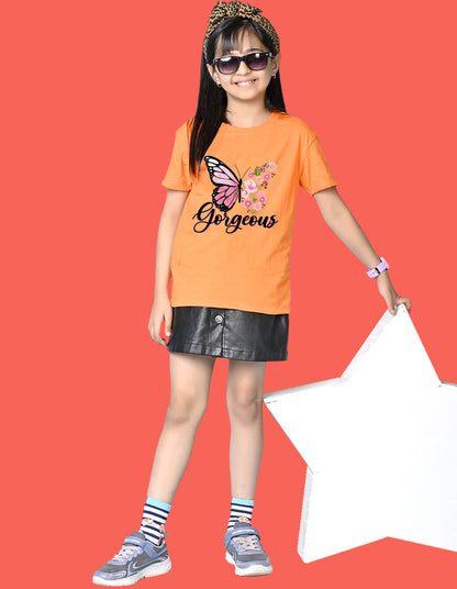 Nusyl Girls Orange Butterfly & Gorgeous Text Printed  Short sleeve Cotton Blend Oversized T-shirts