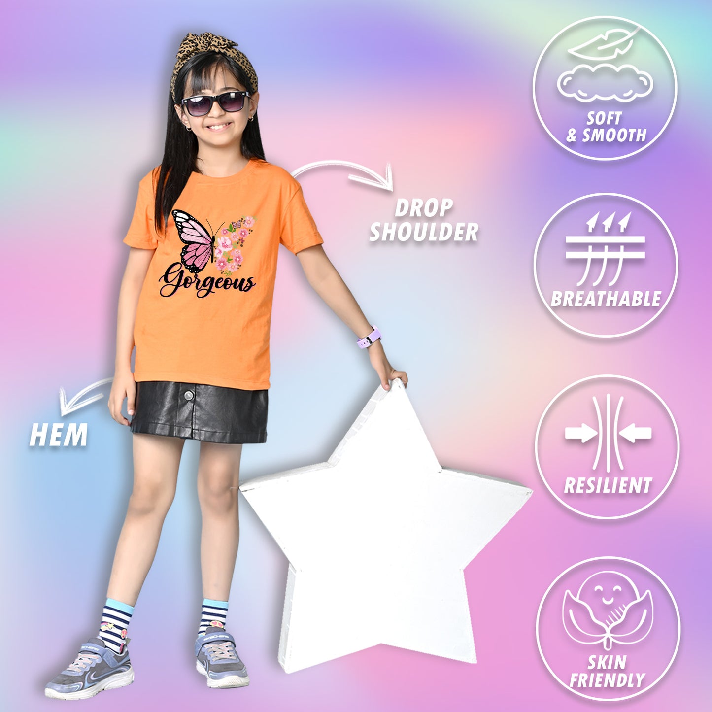 Nusyl Girls Orange Butterfly & Gorgeous Text Printed  Short sleeve Cotton Blend Oversized T-shirts