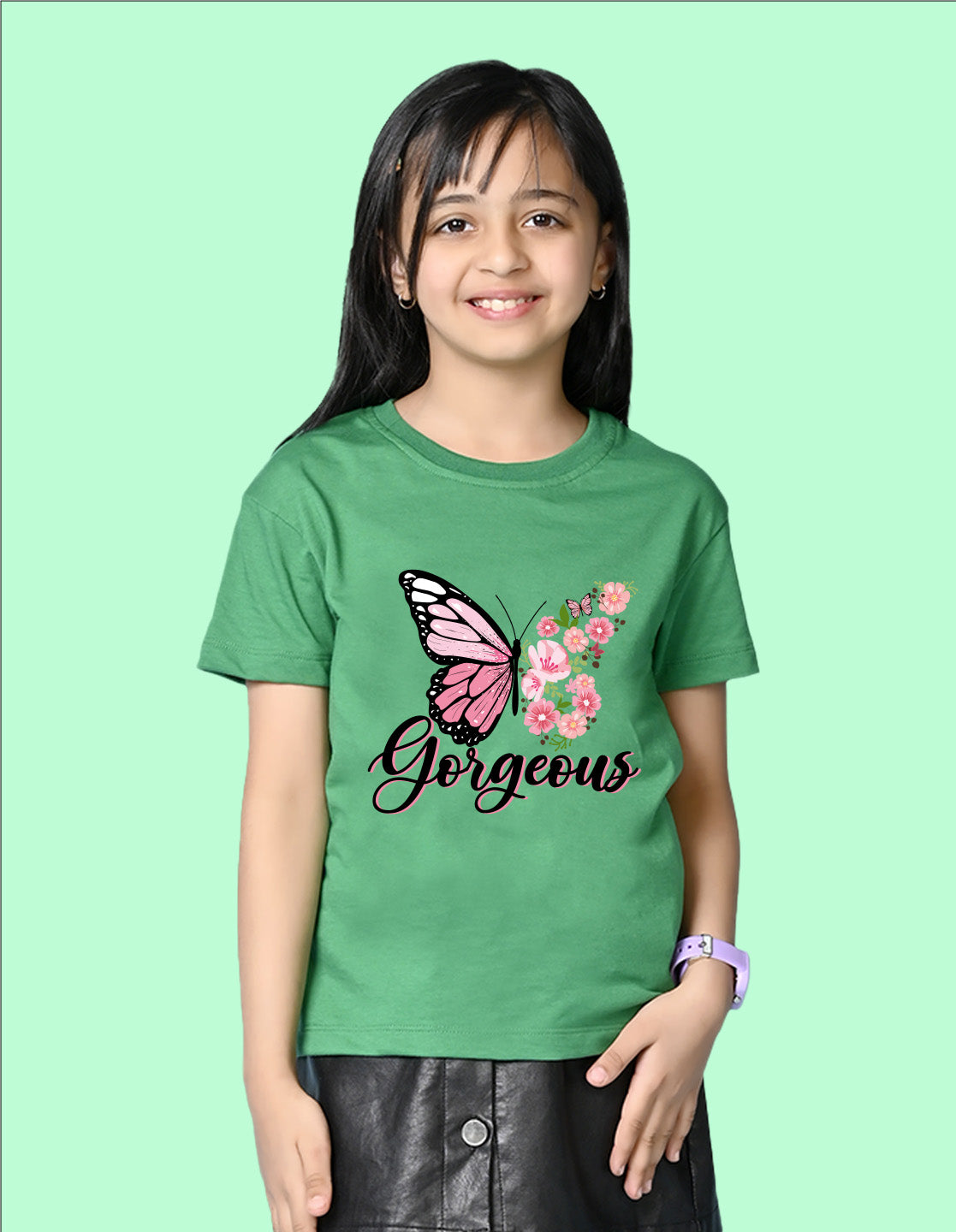 Nusyl Girls Green Butterfly & Gorgeous Text Printed  Short sleeve Cotton Blend Oversized T-shirts