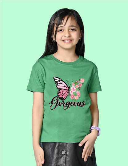 Nusyl Girls Green Butterfly & Gorgeous Text Printed  Short sleeve Cotton Blend Oversized T-shirts