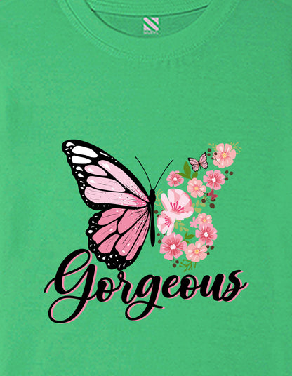 Nusyl Girls Green Butterfly & Gorgeous Text Printed  Short sleeve Cotton Blend Oversized T-shirts