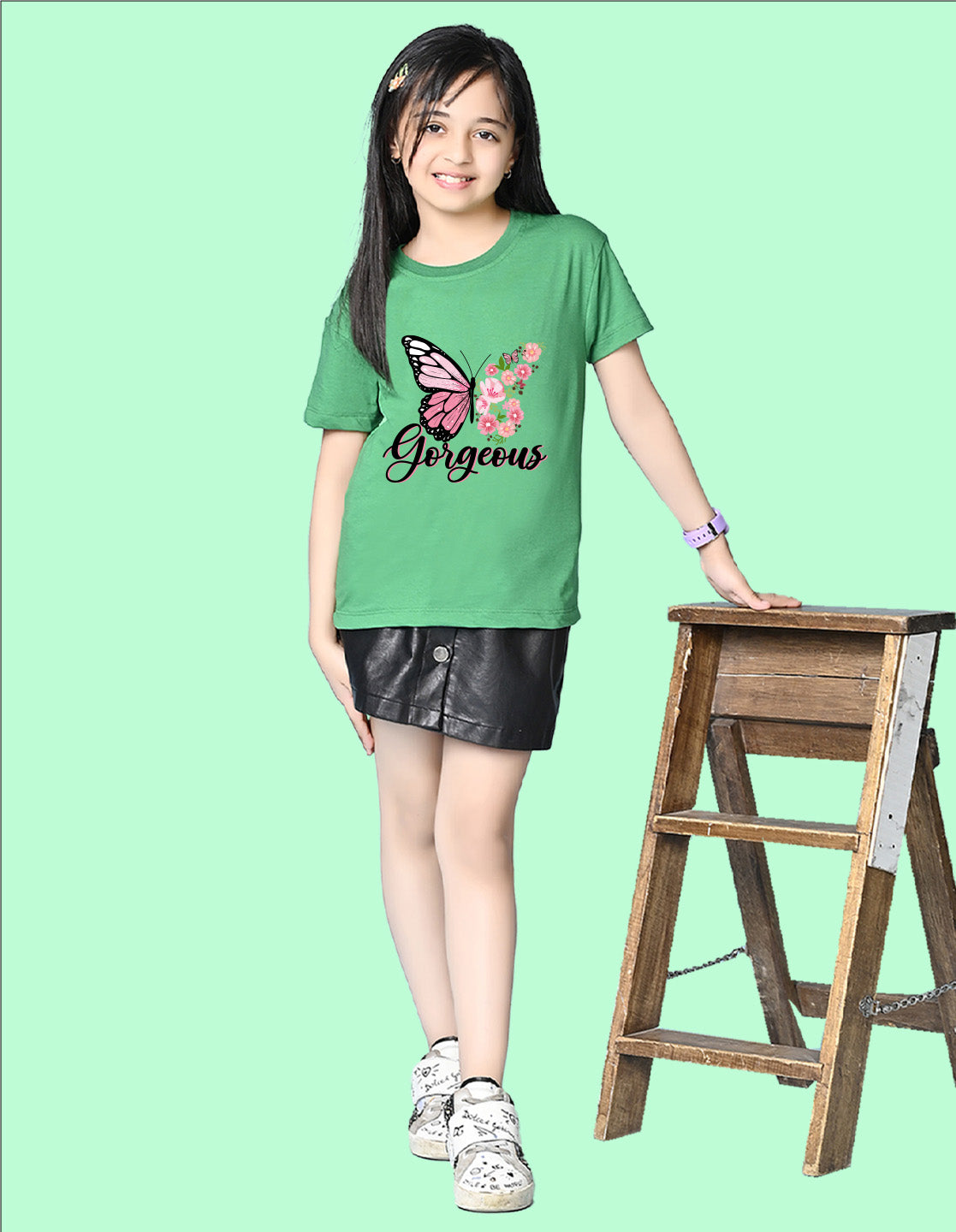 Nusyl Girls Green Butterfly & Gorgeous Text Printed  Short sleeve Cotton Blend Oversized T-shirts