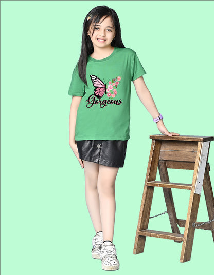 Nusyl Girls Green Butterfly & Gorgeous Text Printed  Short sleeve Cotton Blend Oversized T-shirts