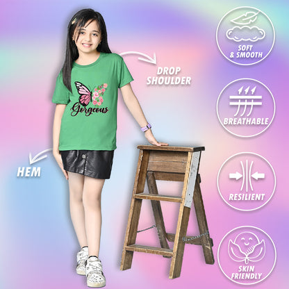 Nusyl Girls Green Butterfly & Gorgeous Text Printed  Short sleeve Cotton Blend Oversized T-shirts