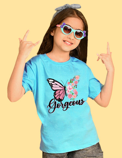 Nusyl Girls Sky Blue Butterfly & Gorgeous Text Printed  Short sleeve  Oversized T-shirts
